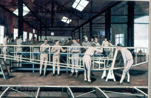 CADETS INSPECTING JENNY AIR FRAME, KELLY FIELD 1918